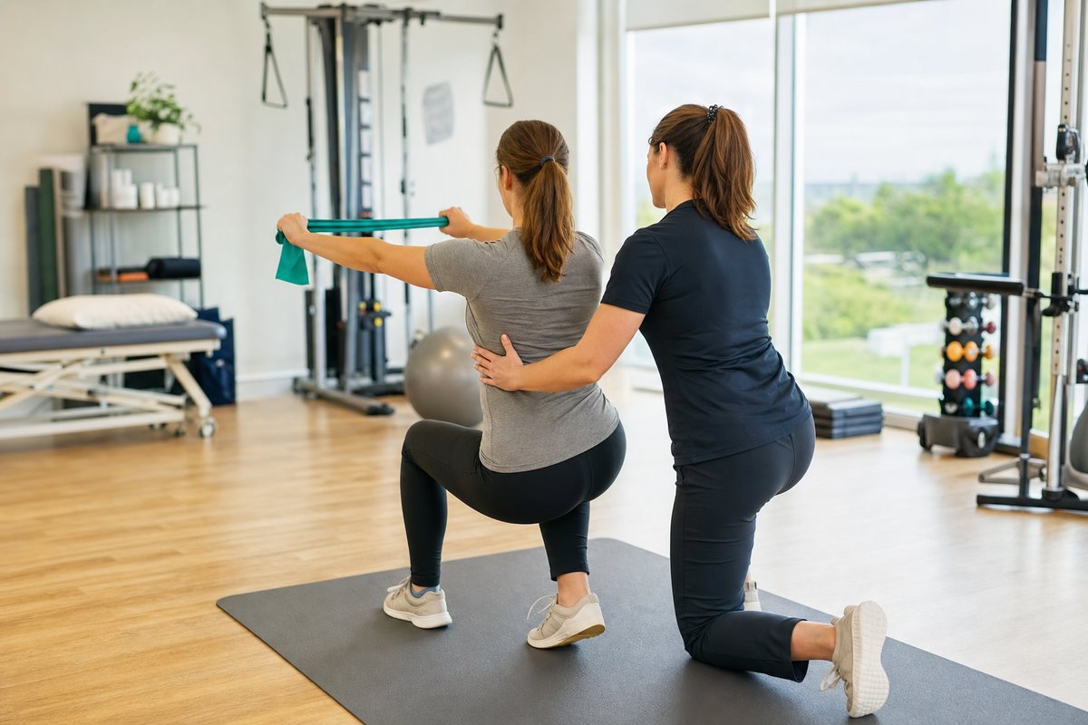 A physiotherapist at Physio Rooms Cork guiding a patient through a rehabilitation exercise